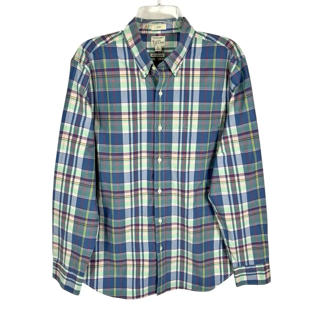 J. Crew Slim Secret Wash Blue Orange Plaid Long Sleeve Button Shirt Men’s Large